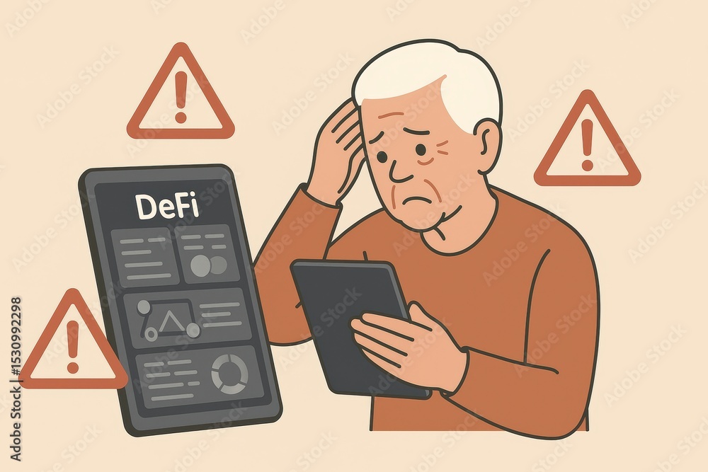 Aufkleber concerned senior man using tablet to learn about defi risks and warnings in financial markets