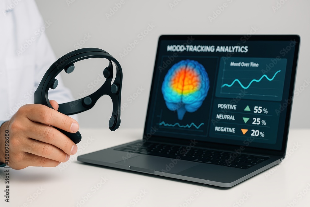 Poster mood tracking technology with laptop displaying analytics and brain visualization for research