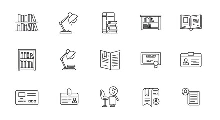 A collection of colorful outline icons for library and study themes, featuring bookshelves, desk lamps, and identification cards for educational concepts.