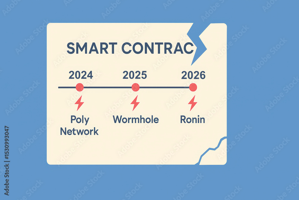 Poster smart contract timeline with future dates and event highlights for blockchain innovation