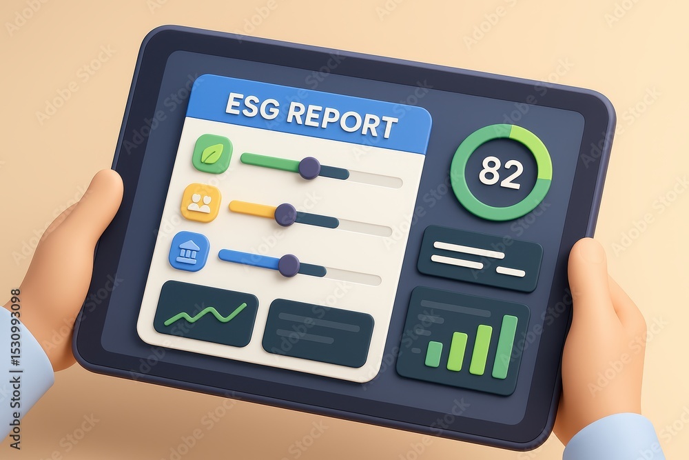 Poster hands holding tablet displaying colorful esg report with metrics and graphs in minimalist style
