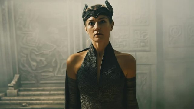 Mysterious woman with horns and braided blonde hair, resembling a viking priestess or sorceress, stands near a glowing rune circle in a dark, ancient temple, observing a magic ritual