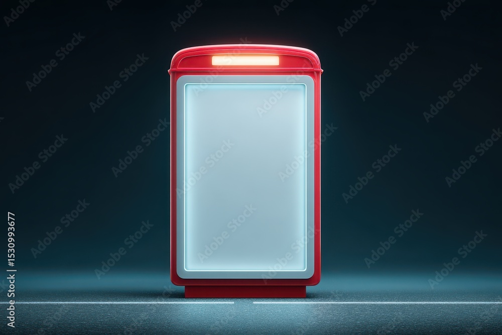 Wall mural a bright red, empty advertising display board with a glowing white center stands alone in a dark, em