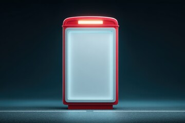 A bright red, empty advertising display board with a glowing white center stands alone in a dark, empty environment.