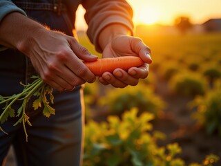 Farmer's Hands Holding Freshly Harvested Carrot at Sunset in a Field