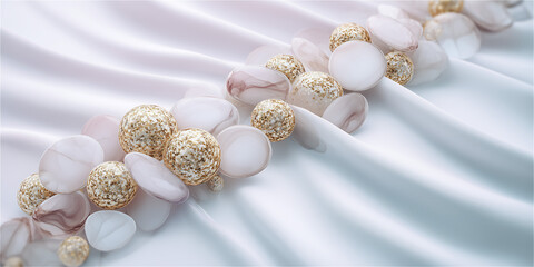 布の上に連なるゴールドアクセサリー風オブジェ