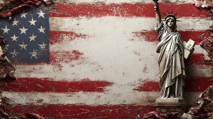Retro American poster featuring the iconic Statue of Liberty silhouette against a distressed weathered American flag backdrop with radial lines and a grungy aged paper texture