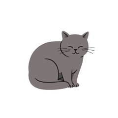 A gray cat with a smiling face sits against a white background