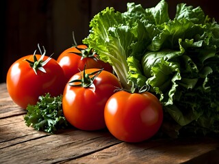 Fresh Red Tomatoes and Green Lettuce on Rustic Wooden Table Healthy Organic Vegetables