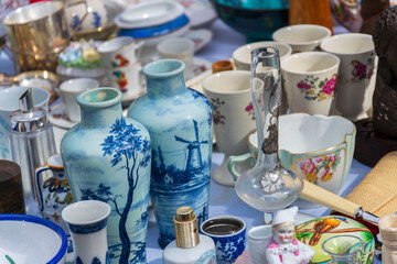 Old vintage things on the street flea market on Place du Jeu de Balle, Marolles district of Brussels, Belgium
