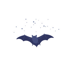 A flat vector illustration of a dark bat flying in the night sky with small specks scattered above