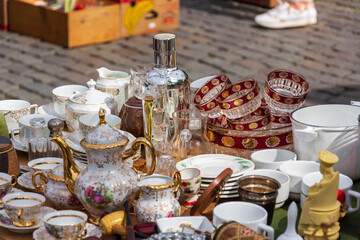 Old vintage things on the street flea market on Place du Jeu de Balle, Marolles district of Brussels, Belgium