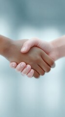 Two hands, one dark-skinned and one light-skinned, clasped together in a handshake symbolizing unity and cooperation.