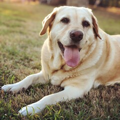 Happy labrador resting at sunset in the park
