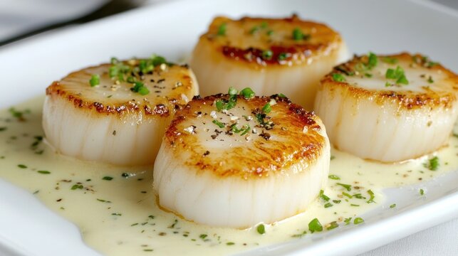 Four sea scallops on a plate