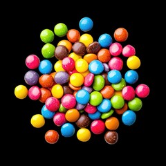 Obraz premium Colorful candy coated chocolates create vibrant and playful display against black background, evoking sense of joy and sweetness. These treats are perfect for celebrations or as delightful snack