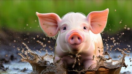Adorable Pink Piglet Playing in Mud Puddle Farm Animal Fun Splashing in the Dirt