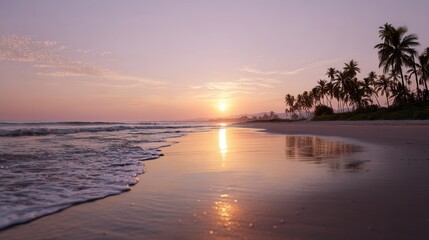 Obraz premium Golden Hour by the Shore: Bask in the tranquility of a coastal sunset, the sky ablaze with hues as the sun dips towards the horizon, casting a golden reflection on the wet sands.