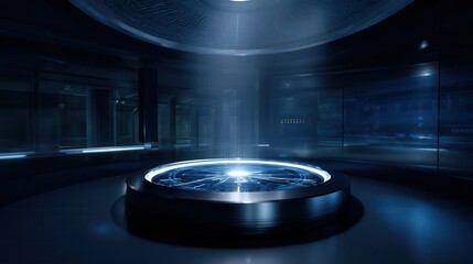 Futuristic Technology Chamber: A glimpse into a sleek, technologically advanced chamber bathed in a cool, ethereal glow, suggesting innovation and cutting-edge design.