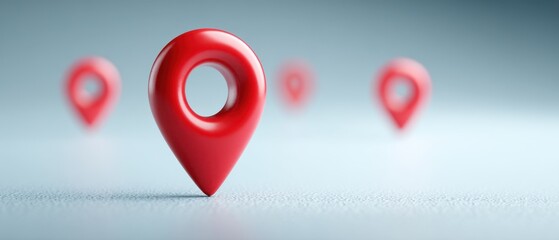 Red location pins on a textured surface, symbolizing navigation, maps, and geo-targeting in a blurred blue-toned background.