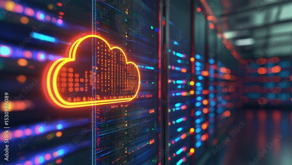 Poster Glowing orange cloud icon in a colorful modern server room illustrating cloud computing, secure data storage, and futuristic digital networks for IT and tech presentations