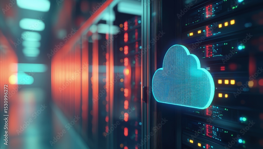 Leinwandbilder Glowing cyan cloud icon on futuristic server racks with vibrant lighting, symbolizing cloud storage, secure networking, and digital infrastructure for modern tech environments