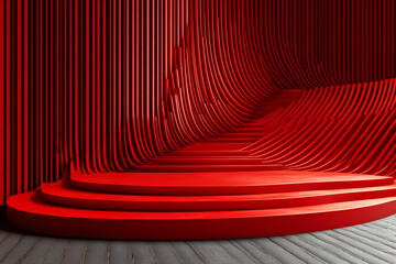 Abstract red architectural design, curved lines and forms create a dramatic, modern stage or podium.  Perfect for presentations, product displays, or artistic backgrounds.