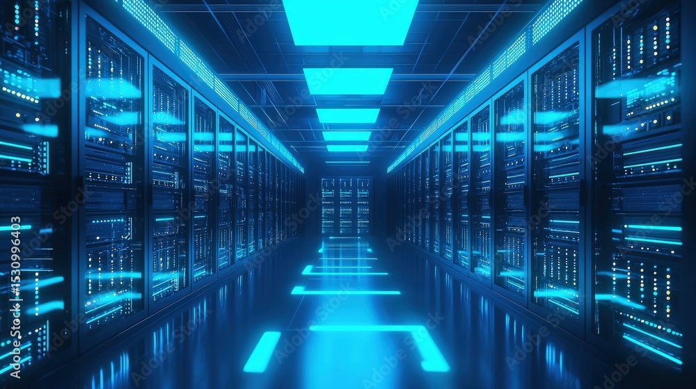 Fototapete Bright futuristic server room with blue neon ceiling lights and rows of data racks representing digital infrastructure, data storage, and secure IT systems for tech visuals