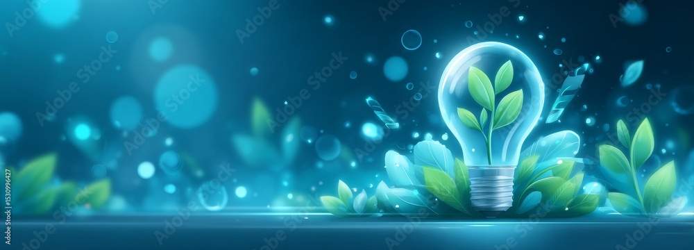 Poster concept of saving energy through development represented by an energy efficient lightbulb and a smal