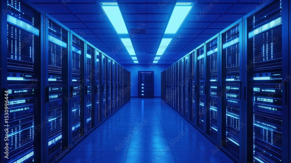 Aufkleber Modern server room with symmetric blue lighting and multiple data racks showcasing high-tech infrastructure, cloud storage, and digital systems for secure computing environments