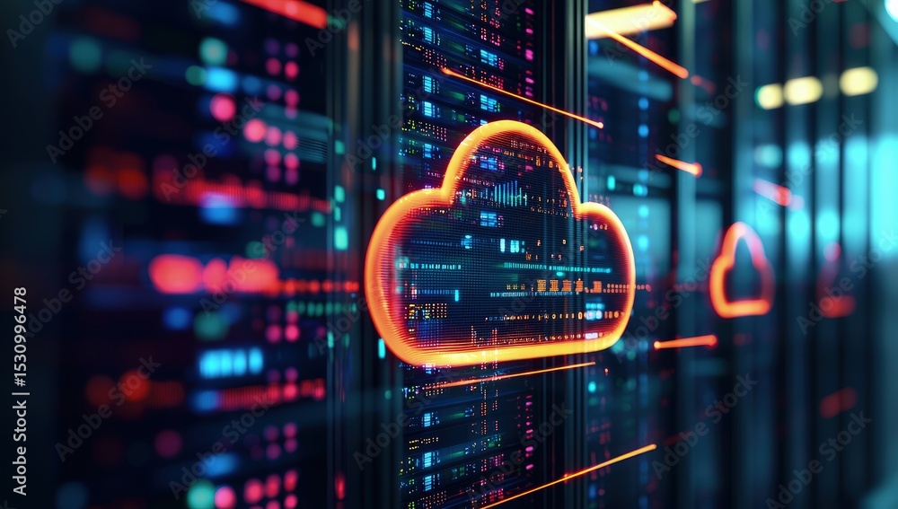 Aufkleber futuristic server room with glowing orange cloud icon representing cloud computing, data storage, an