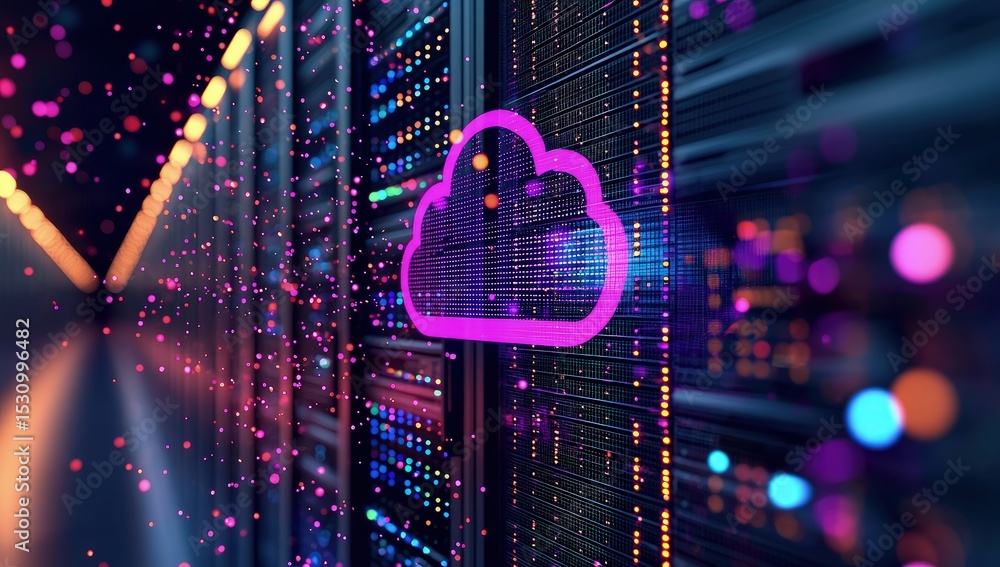 Aufkleber Bright magenta cloud icon in a futuristic data center with colorful particles, symbolizing cloud computing, networking, and secure digital infrastructure for tech and IT visuals