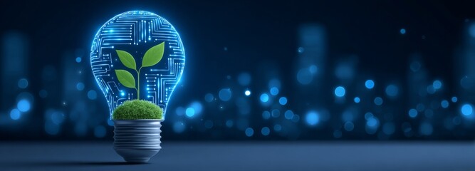 Development concept for energy conservation is embodied by the image of a small tree paired with an energy efficient lightbulb, relating to electricity savings