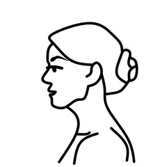 Woman head, line icon. Female portrait, side view, profile - head, hair, eyes, nose, lips, neck, shoulder. Linear illustration of young pretty woman. Editable stroke, thin line, realistic shape