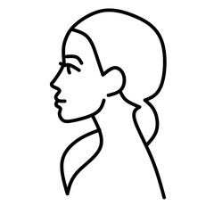 Woman head, line icon. Female portrait, side view, profile - head, hair, eyes, nose, lips, neck, shoulder. Linear illustration of young pretty woman. Editable stroke, thin line, realistic shape
