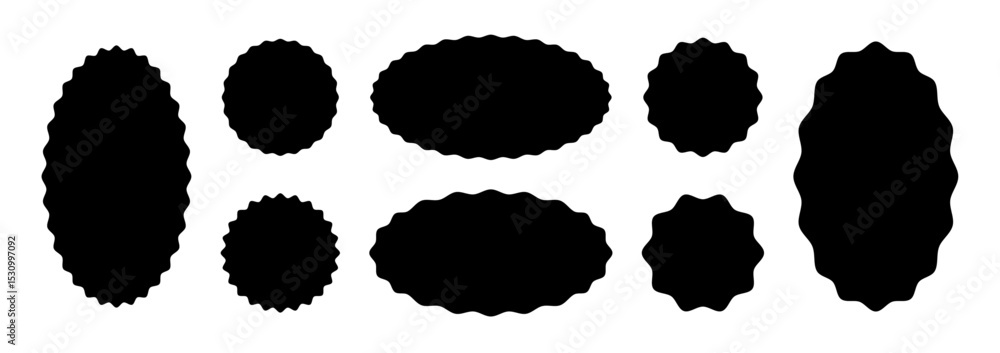 Poster black badge shapes in oval, circular forms with wavy corrugated edges. zig zag frame text box set.