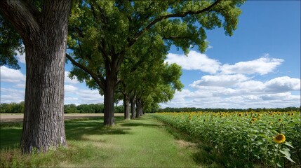 Obraz premium Lush Road and Sunflower Field: Capturing the serene alignment of verdant trees alongside a vast field of sunflowers, under a bright blue sky and a path beckons, filled with summer vibes.