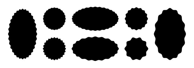 Black badge shapes in oval, circular forms with wavy corrugated edges. Zig zag frame text box set.