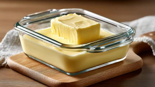 Creamy butter in glass dish on wooden board, perfect for cooking and baking delicious dairy dishes.