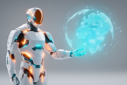 Robot with futuristic armor projecting interactive Earth globe in floating interface