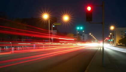 City street at night showing traffic lights, cars in motion, and urban atmosphere with vibrant light trails from passing vehicles Generative AI