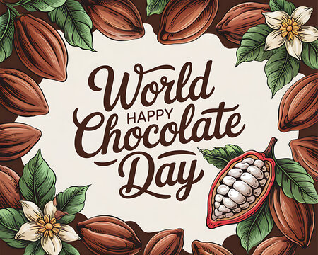World Chocolate Day: Elegant frame with cocoa pods and chocolate bars. Chocolate Day Banner