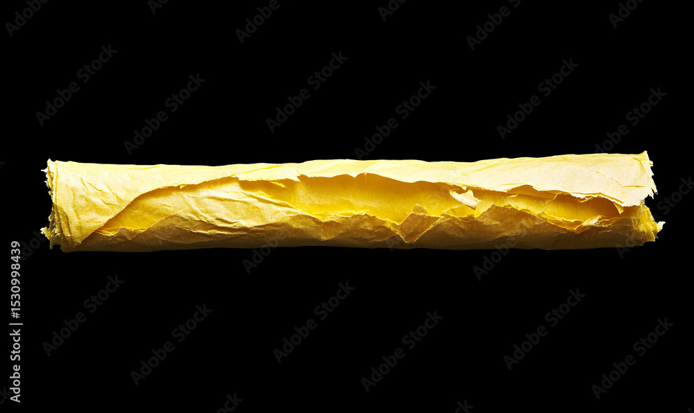 Poster abstract image of a yellow, crumpled scroll of paper against a black background. perfect for design 