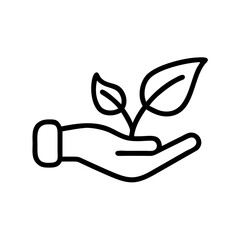 Line vector hand holding leaf icon on transparent background, eco-conscious symbol with white outline vector illustration