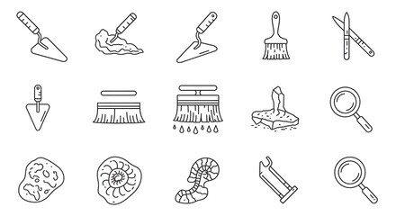 Outlined Archaeology Icons Tools for Digging, Fossils, and Magnifying Discoveries