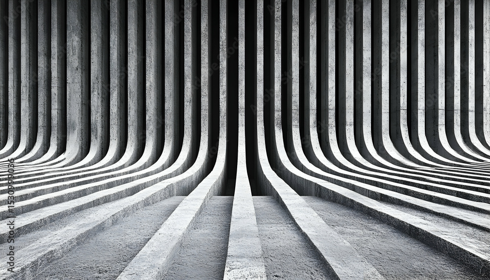 Poster abstract grayscale image of curved concrete pillars creating a visually striking architectural patte