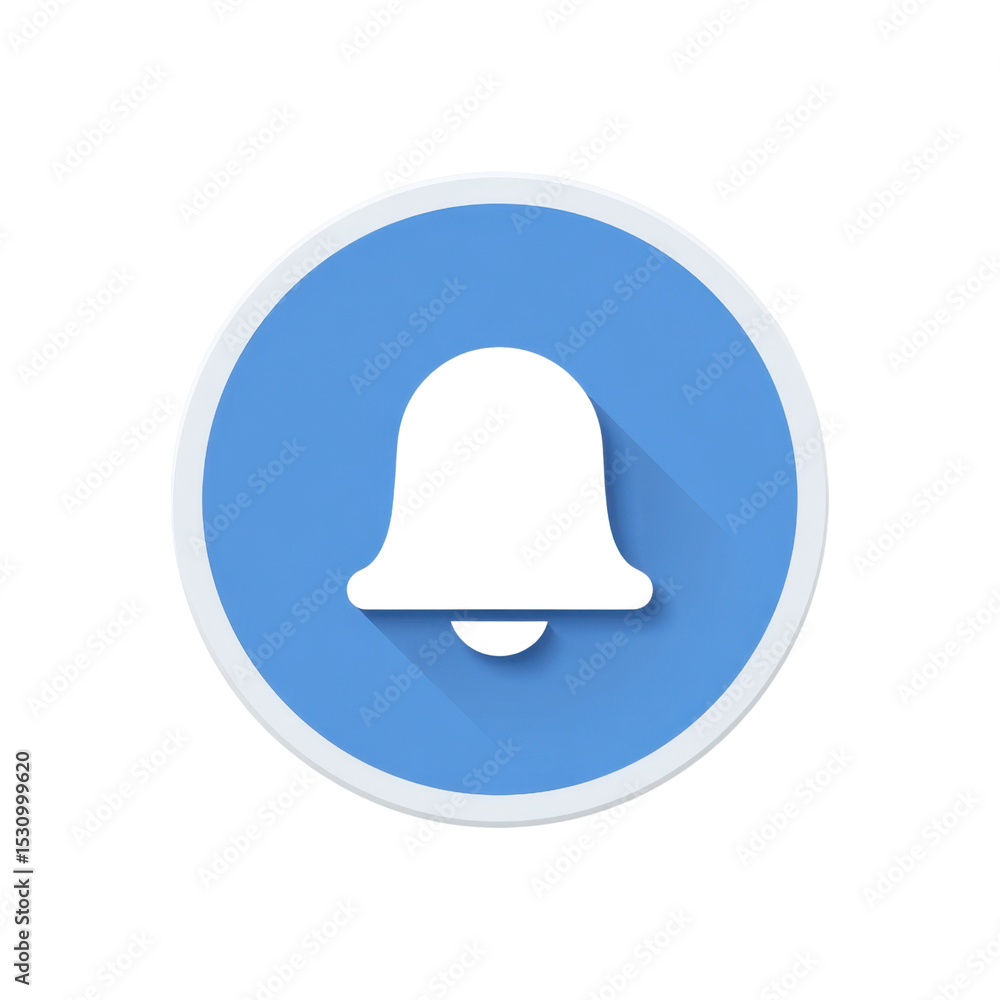 Poster simple notification icon with bell design in blue circle for alert and reminder use in digital media