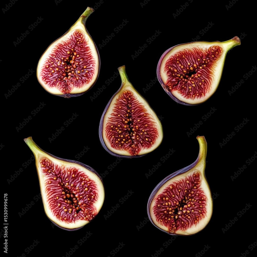 Poster sliced figs with seeds visible, showcasing their intricate patterns and rich colors, create visually