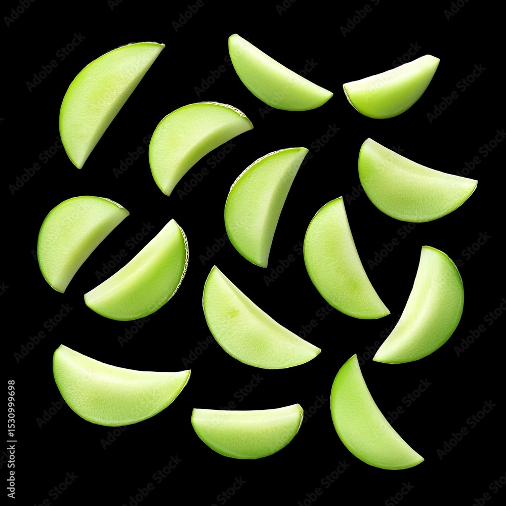 Poster sliced honeydew melon pieces arranged on black background create vibrant and fresh visual. green col
