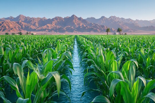 This panoramic image of a field of young corn plants demonstrates the progress and sustainability of the agricultural sector in the Middle East's arid and desert landscapes